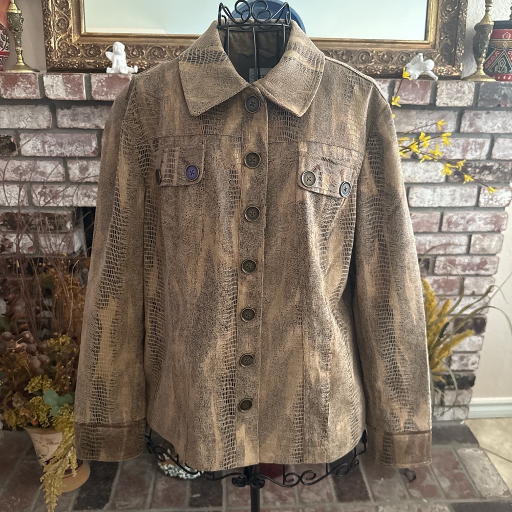 Women’s Chico's Jacket Faux Tan Suede Animal Print Button Shacket